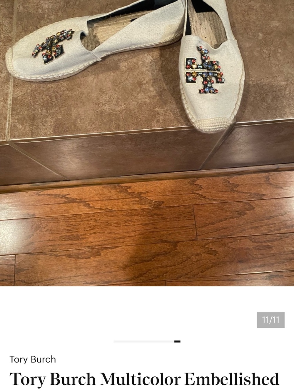 Tory Burch Cream Canvas Espadrille with Multicolor Jeweled Logo